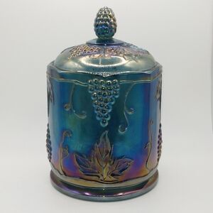 Vintage 1970's Indiana Glass Blue Carnival Harvest Grape 7"  Canister READ